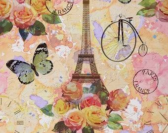 Eiffel Tower Polyester Fabric by The Yard, Romantic Paris Building Fabric for Upholstery, Watercolor Flowers Tie Dye Fabric, Handmade