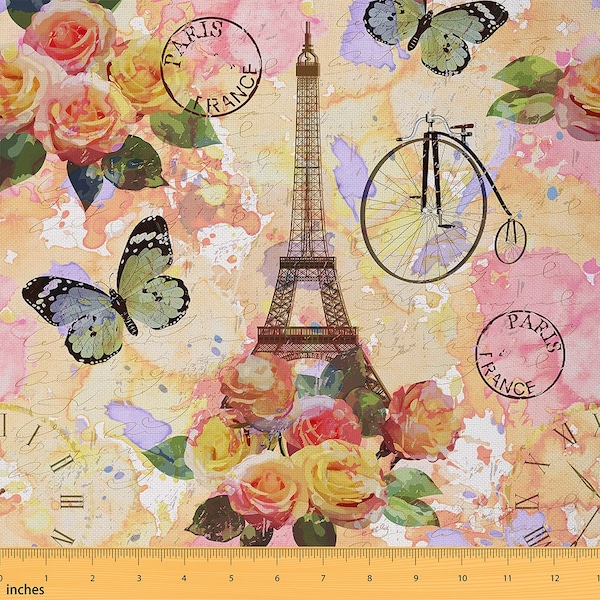 Tissu polyester Tour Eiffel par mètre, Paris romantique tissu d'ameublement, tissu fleurs aquarelle tie-dye, fait main