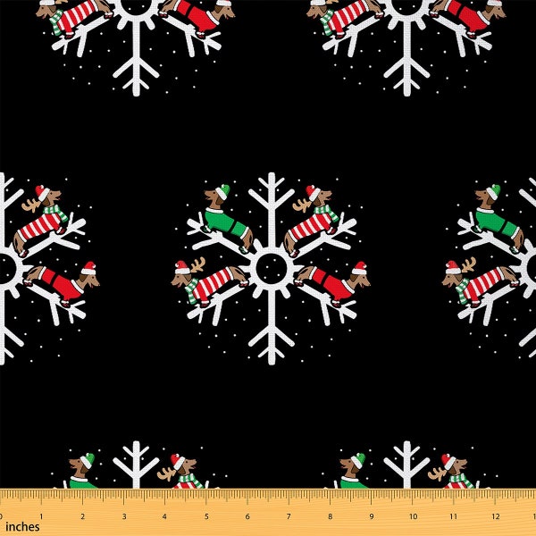 Xmas Dachshund Fabric by The Yard, Cartoon Lovely Puppy Dog Animal Polyester Fabric, Christmas Snowflake Fabric for Sewing, Handmade