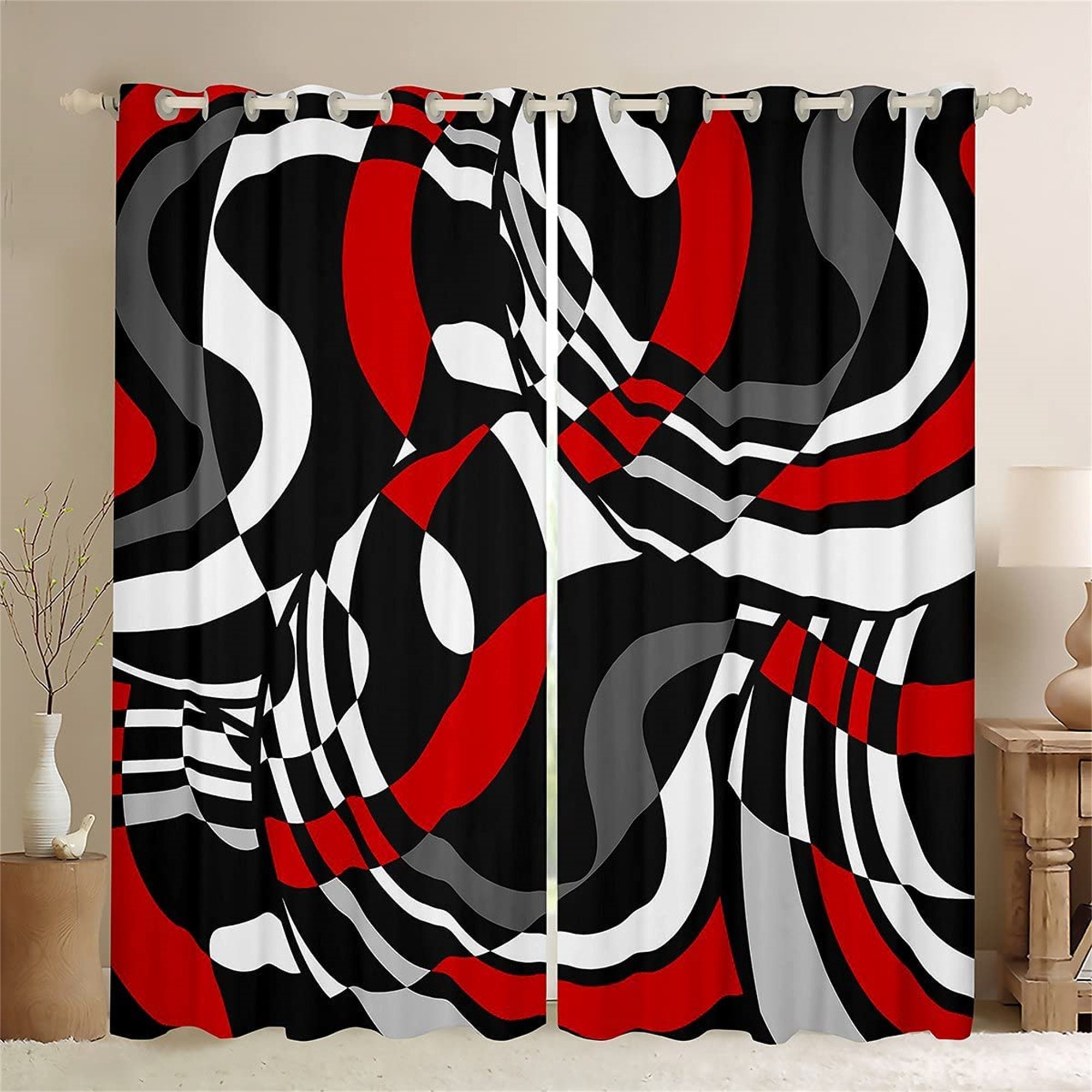  MESHELLY Red Black Grey Geometric Kitchen Curtains