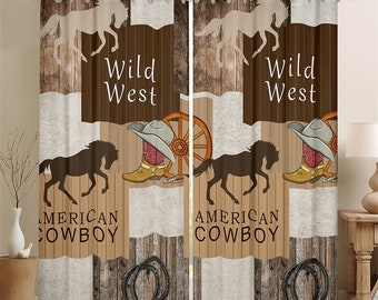 Western Cowboy Handmade Window Curtain Set, Rustic Horse Silhouette Window Rideaux, Retro Horseshoe Boots Wheels Print Curtains, Brown