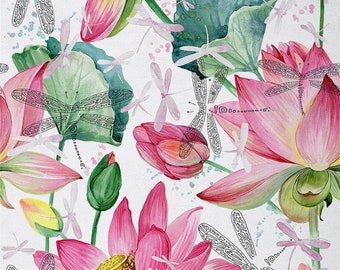 Watercolor Lotus Polyester Fabric by The Yard, Botanical Plant Flower Print Fabric for Sewing, Garden Dragonfly Upholstery Fabric, Handmade