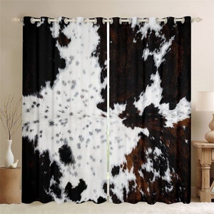 White Brown Cowhide (Not Real) Window Curtains, Cow Fur Pattern Printing Window Drapes, Animal Skin Print Curtains for Bedroom, Handmade