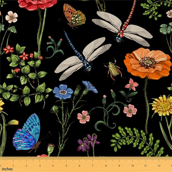 Tissu d'ameublement papillon libellule sauvage par mètre, tissu botanique fleurs rustiques pour projets de bricolage, tissu polyester floral, fait main