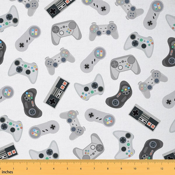 Game Pad Polyester Fabric by The Yard, Video Gaming Controller Fabric for Upholstery and Sewing, Playing Games Joypad White Fabric, Handmade