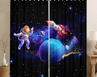 Mystic Galaxy Window Curtain Set, Astronaut Rocket Planet 3D Window Drapes, Starry Universe Bling Glitter Blue Purple Curtains, Fait à la main