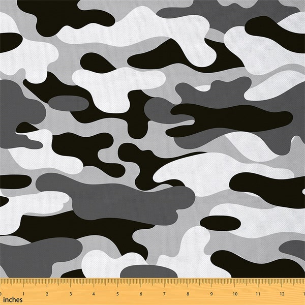 Modern Camo Handmade Polyester Fabric by The Yard, Artistic Graffiti Fabric, Black Gray White Camouflage Fabric for Sewing and Upholstery