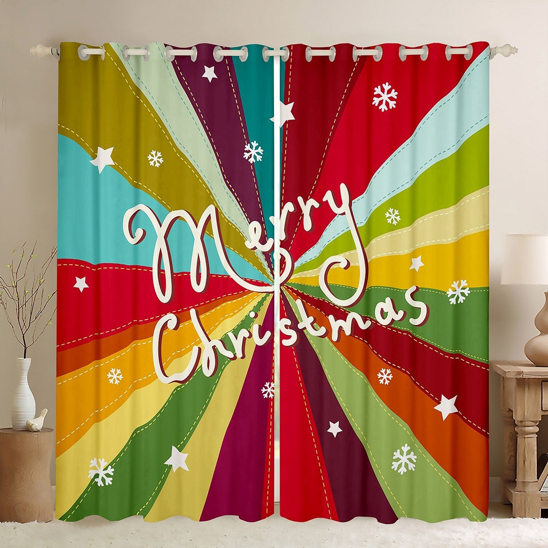 Merry Christmas Window Curtain Set, Colorful Stripes Swirls Geometric