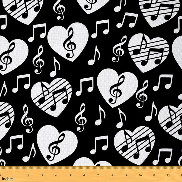 Musical Notes Fabric by The Yard, Black White Music Fabric for Upholstery and DIY Projects, Artistic Geometric Polyester Fabric, Handmade