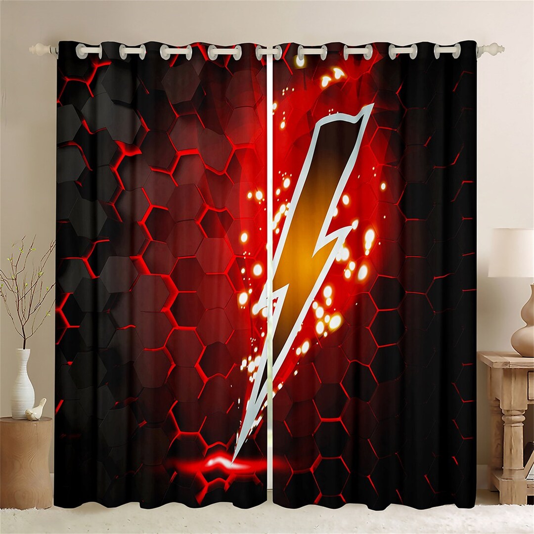 Lightning Strike Curtains, Red Black Hexagon Geometric Window