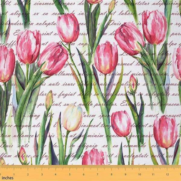 Pink Tulip Floral Fabric by The Yard, Watercolor Flower Garden Polyester Fabric, Botanical Retro Upholstery Fabric for DIY Project, Handmade