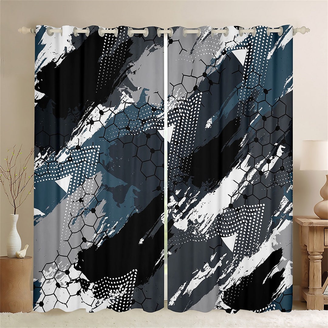 Geometric Window Curtain Set Watercolor Black Gray Blue Etsy