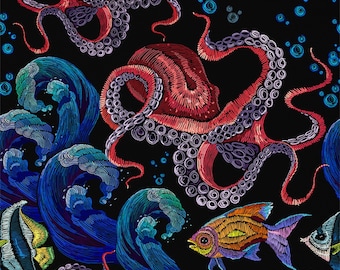 Octopus stof op maat gesneden, aquarel oceaan dier polyester stof, Mystic Marine Life stof voor bekleding en naaien, handgemaakt
