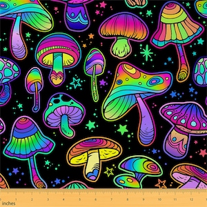 Neon Mushroom Handmade Polyester Fabric by The Yard, Cartoon Botanical Plant Psychedelic Fabric, Neon Rainbow Starry Fabric for Upholstery