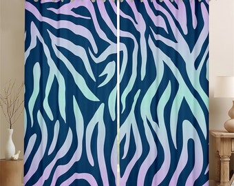 Zebra Print Handmade Window Drapes, Blue Purple Neon Gradient Window Curtain Set, Tropical Wild Animal Skin (Not Real) Print Curtains