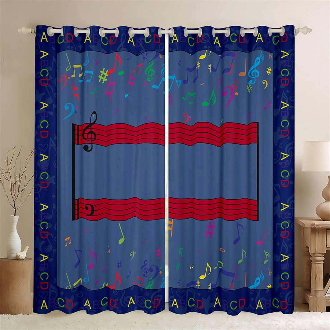 Colorful Musical Notes Window Curtains, Music Theme Artistic Curtain