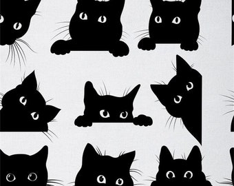 Black Cat Handmade Polyester Fabric by The Yard, Cute Kitten Cat Fabric for Upholstery, Lovely Animal Family Pet Fabric, Black White