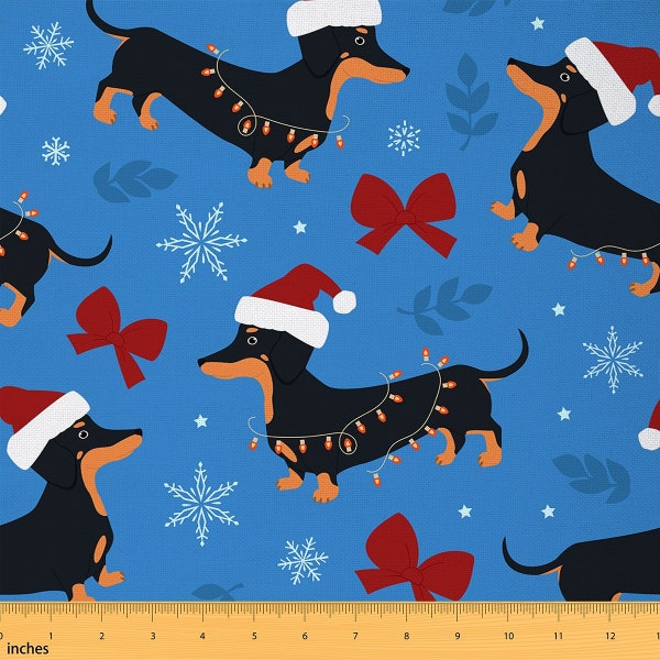 Cartoon Dachshund Fabric by The Yard, Christmas Dog Animal Snowflake Fabric for Sewing, Xmas Hat Snowflake Blue Polyester Fabric, Handmade