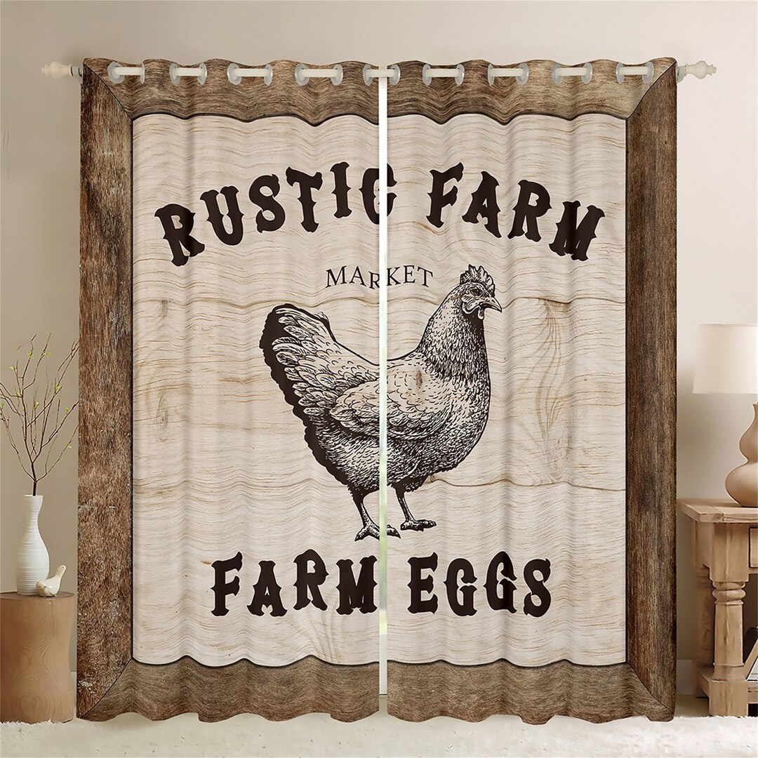 Farm Chicken Window Curtain Set, Retro Wooden Board Print Window Drapes ...