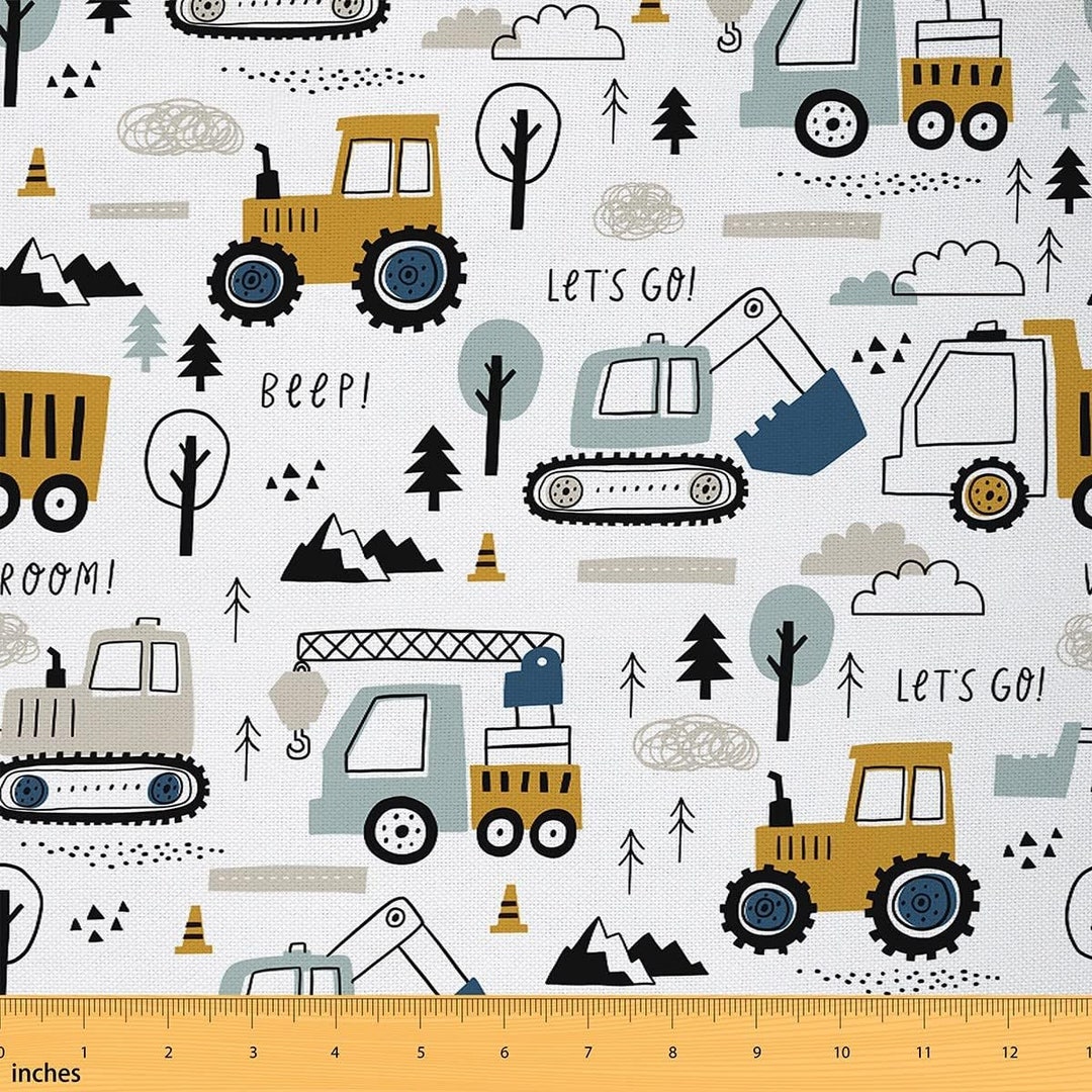 Cartoon Cars Polyester Fabric by the Yard, Construction Equipment
