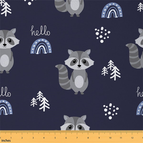 Gray Raccoon Handmade Fabric by The Yard, Cartoon Wild Animal Polyester Fabric, Cute Rainbow Pine Tree Graffiti Fabric for Upholstery