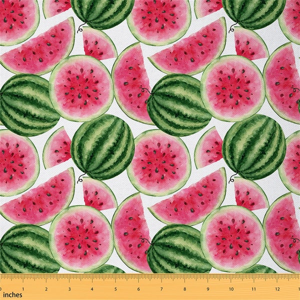 Watermelon Handmade Fabric by The Yard, Watercolor Green Red Polyester Fabric for Sewing and Upholstery, Summer Fruit Fabric for DIY Project