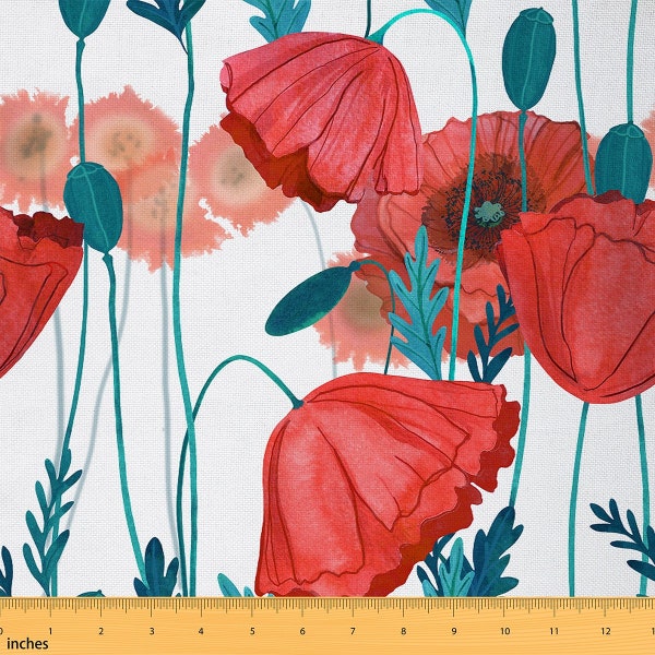 Tela de flores rojas de acuarela cortada a medida, tela de poliéster de plantas botánicas naturales, tela de pintura de pétalos en flor artística para coser, hecha a mano