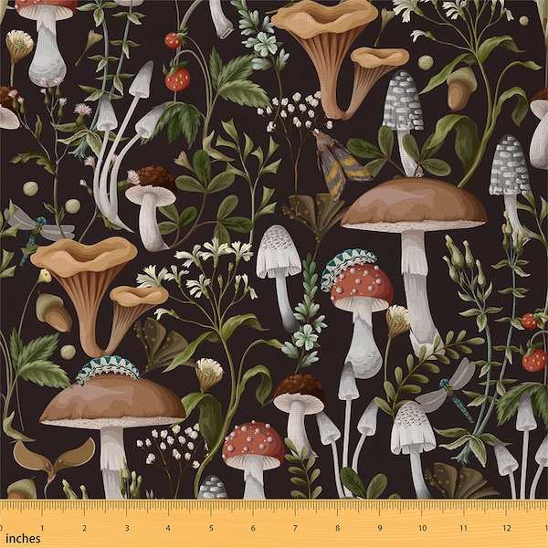 Mushroom Fabric by The Yard, Wild Jungle Botanical Plant Polyester Fabric for Sewing and Upholstery, Rustic Brown Outdoor Fabric, Handmade