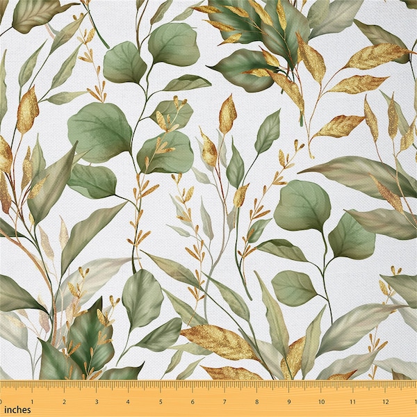 Botanical Leaves Fabric by The Yard, Rustic Plants Nature Polyester Fabric, Watercolor Green Golden Leaf Fabric for Upholstery, Handmade