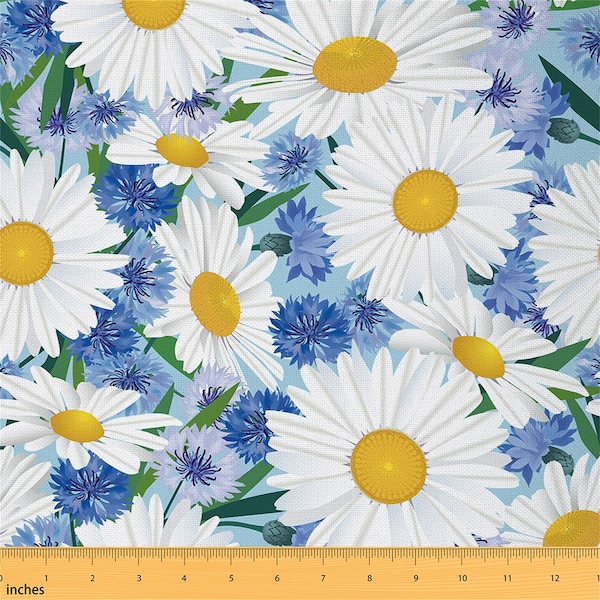 Watercolor Daisy Fabric by The Yard, Rustic Flower Natural Garden Polyester Fabric for Upholstery, Botanical Floral Sewing Fabric, Handmade