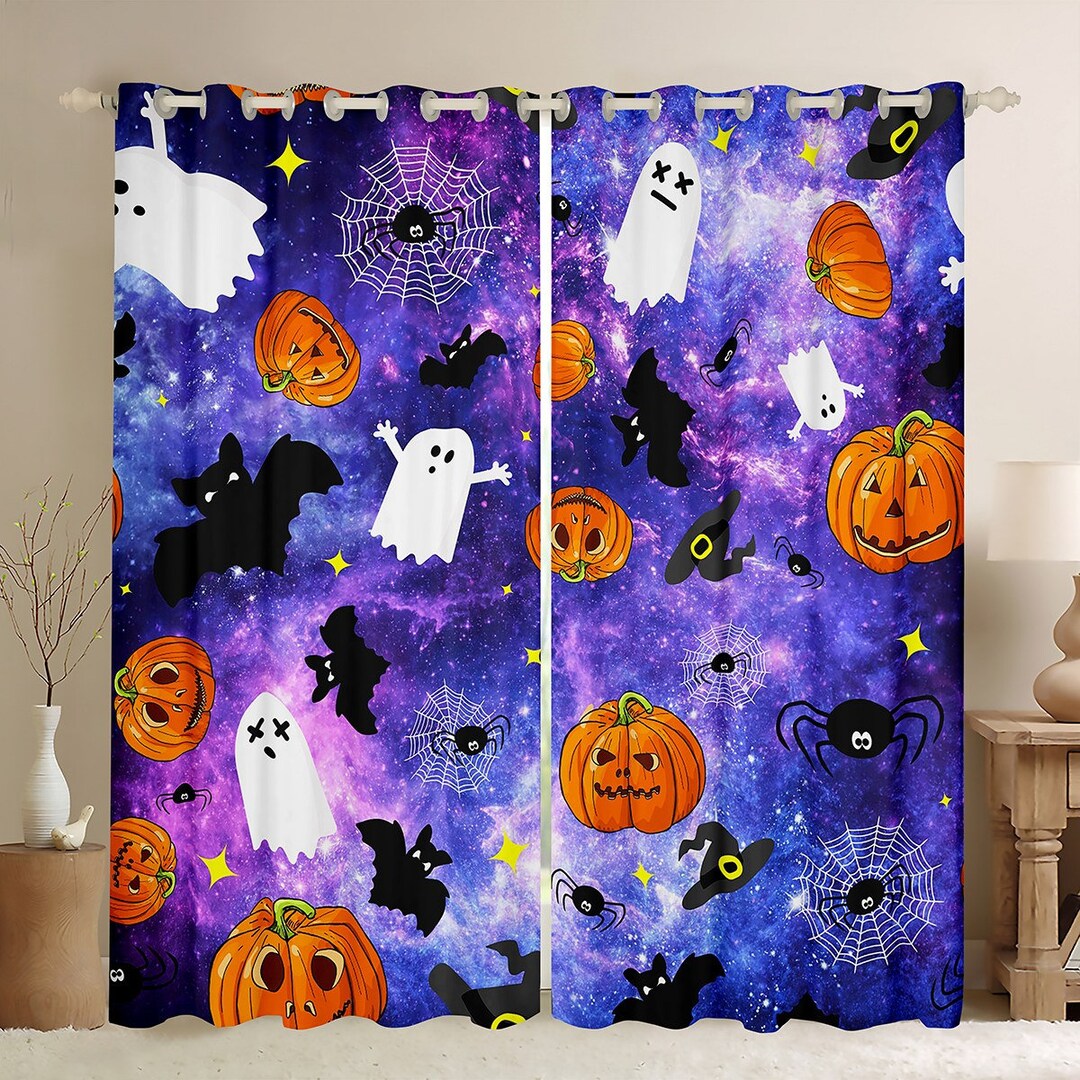Halloween Window Curtain Set Cartoon Ghost Bat Pumpkin Etsy