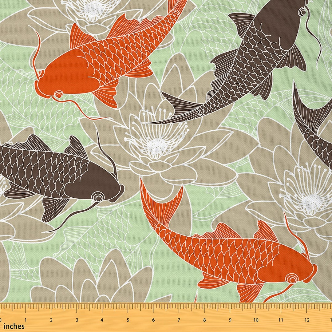 Koi Fish Polyester Fabric by the Yard, Japanese Style Ukiyoe Animal