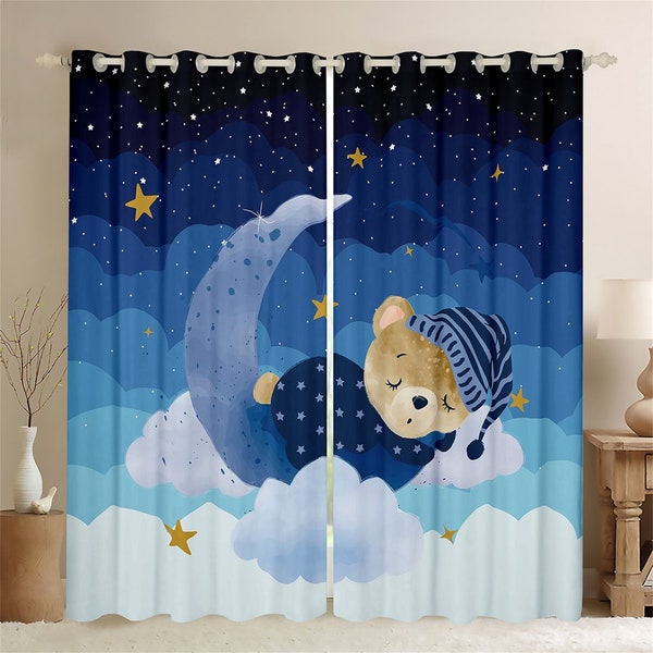 Sleeping Bear Window Curtain Set, Starry Moon Sky Cartoon Cute Animal Window Drapes, Watercolor Gradient Blue Clouds Curtains, Handmade