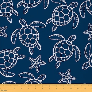 Sea Turtle Polyester Fabric by The Yard, Ocean Animal Starfish Graffiti Fabric for Upholstery and DIY Projects, Navy Blue Fabric, Handmade