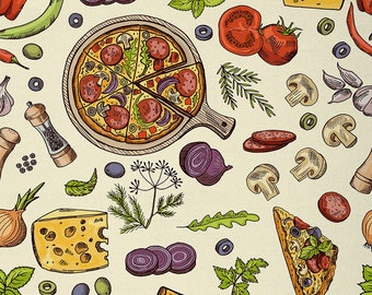 Pizza Polyester Fabric by The Yard, Delicious Fast Food Fabric for Upholstery, Vegetable Tomato Mushroom Cheese Graffiti Fabric, Handmade