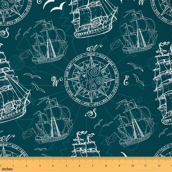 Nautical Ocean Polyester Fabric by The Yard, Anchor Sailboat Compass Graffiti Fabric for Sewing, Retro Teal Green Upholstery Fabric,Handmade