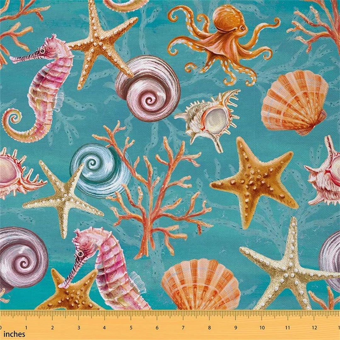Exotic Nautical Fabric by the Yard, Colorful Sea Creature Fabric for Upholstery, Hawaiian Shell