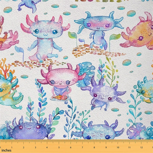 Watercolor Axolotl Fabric by The Yard, Cute Ocean Animal Polyester Fabric for Sewing, Undersea Coral Botanical Upholstery Fabric, Handmade