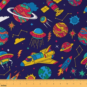 Galaxy Fabric by The Yard, Colorful Rockets Planets Spaceship Polyester Fabric, Starry Universe Constellation Fabric for Sewing, Handmade