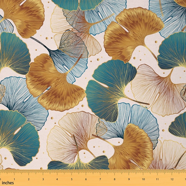 Ginkgo Leaves Polyester Fabric by The Yard, Nature Botanical Plant Fabric for Upholstery, Artistic Green  Golden Foil Paint Fabric, Handmade