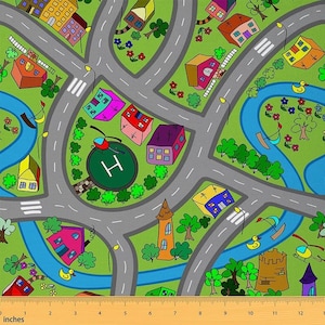 Kids' Play Mat Polyester Fabric by The Yard, Hand-Drawn Suburb Roadway Fabric for Upholstery, Cartoon Cars Race Track Fabric, Handmade