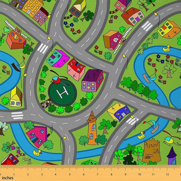 Kids' Play Mat Polyester Fabric by The Yard, Hand-Drawn Suburb Roadway Fabric for Upholstery, Cartoon Cars Race Track Fabric, Handmade