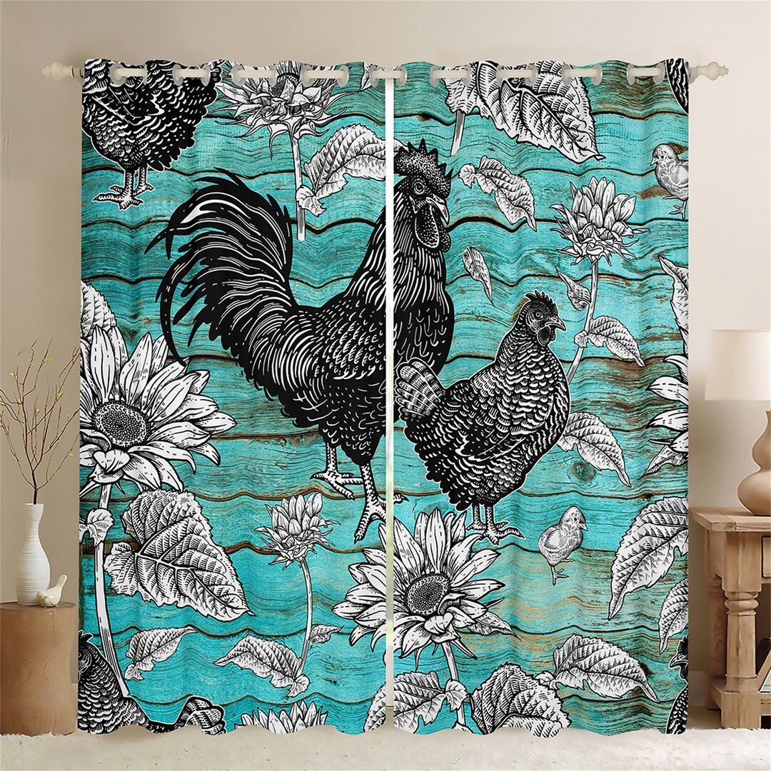 Rooster Chicken Window Curtains, Rustic Farm Animal Sunflower Graffiti ...
