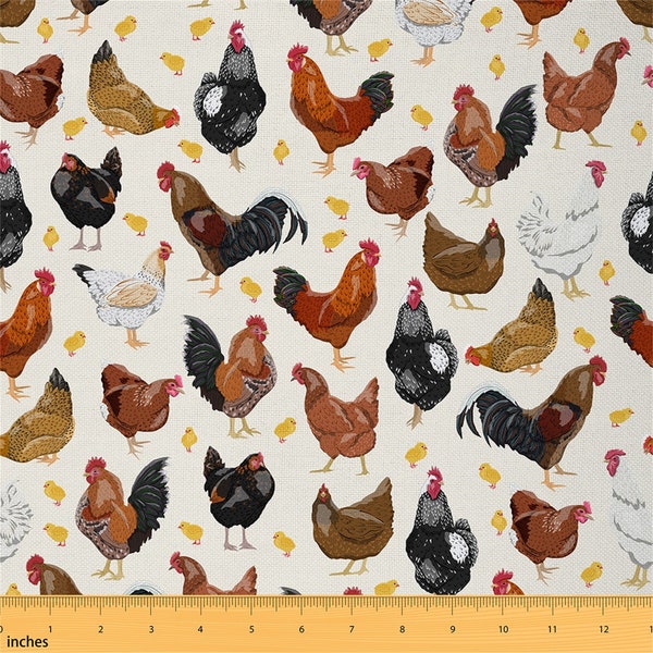 Tissu rustique coq par mètre, dessin animé mignon animal poulet polyester tissu, aquarelle ferme tissu d'ameublement, fait main