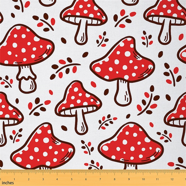 Mushroom Polyester Fabric by The Yard, Cartoon Botanical Plants Fabric for Sewing and DIY Projects, Polka Dots Red White Fabric, Handmade