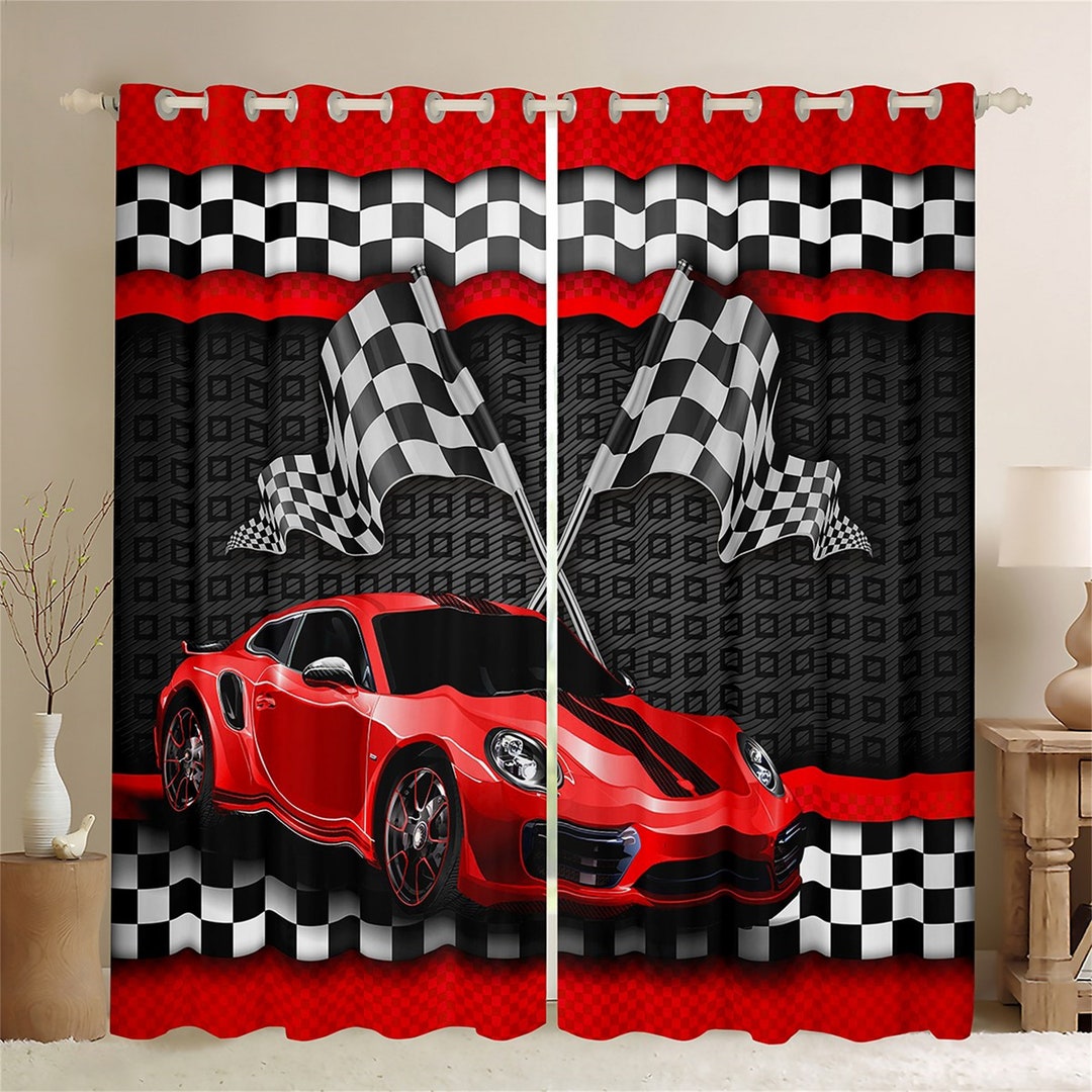 Racing Car Window Curtain Set, Red Sports Car Extreme Sports Theme Window Drapes, Black White