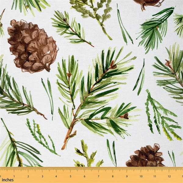 Botanical Pine Leaves Fabric by The Yard, Pine Cones Graffiti Polyester Fabric for Sewing, Rustic Watercolor Fabric for Upholstery, Handmade