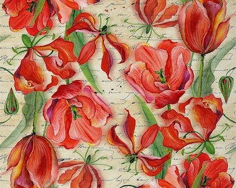 Garden Red Flower Fabric by The Yard, Watercolor Petal Leaves Polyester Fabric for DIY Projects and, Retro Print Upholstery Fabric, Handmade