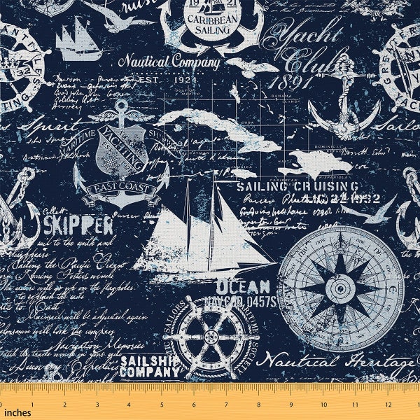 Tissu polyester de navigation par cour, tissu bleu marine Ocean Adventure pour la couture, tissu de voilier boussole ancre nautique, fait à la main
