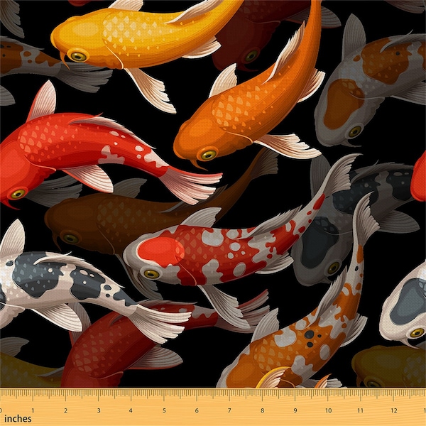 Tissu polyester poissons koi par mètre, tissu animal ukiyoe de style japonais pour le rembourrage et la couture, tissu poissons aquarelle, fait main